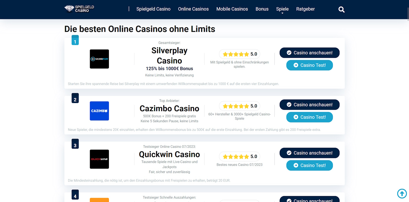 das beste Online Casino ohne Limit